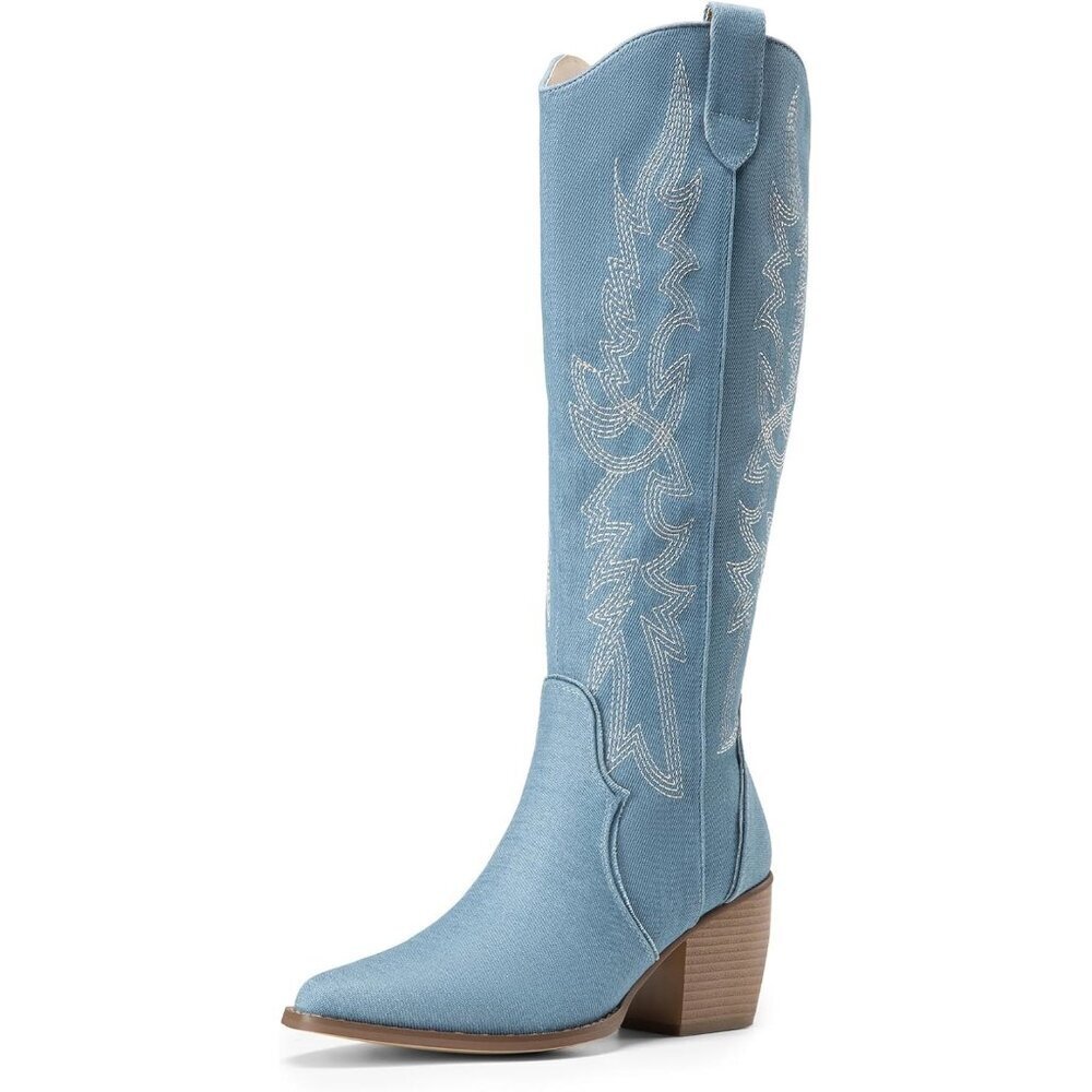 Women's Denim Blue Embroidered Cow Girl Knee High Comfortable Chunky Boots